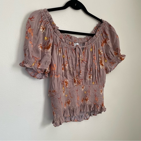 American Eagle | Purple Floral Smocked Cropped Shoulder Blouse | Size Small - Picture 2 of 11
